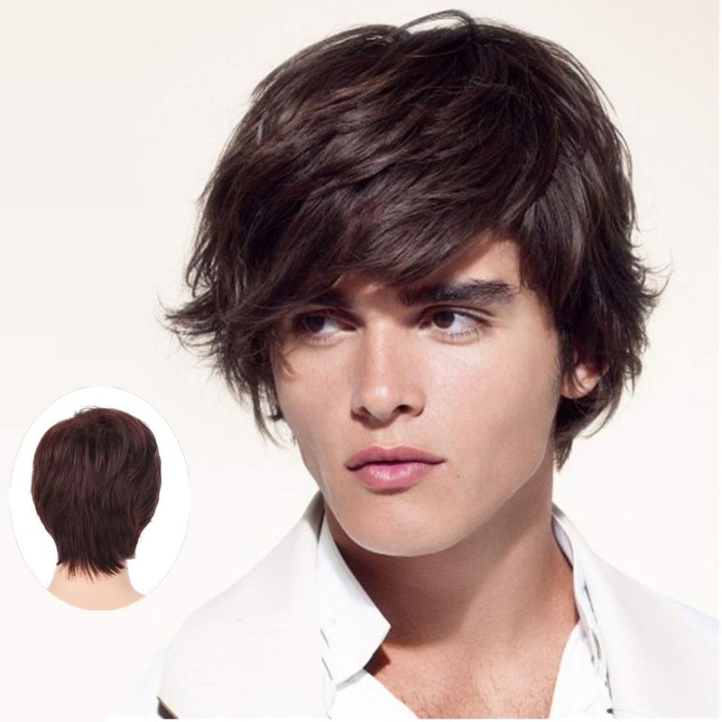 Swiking Men Brown Curly Layered Wig for Male Guy Short Fluffy Halloween Synthetic Cosplay Character Costume Hair Full Wigs - Image 1